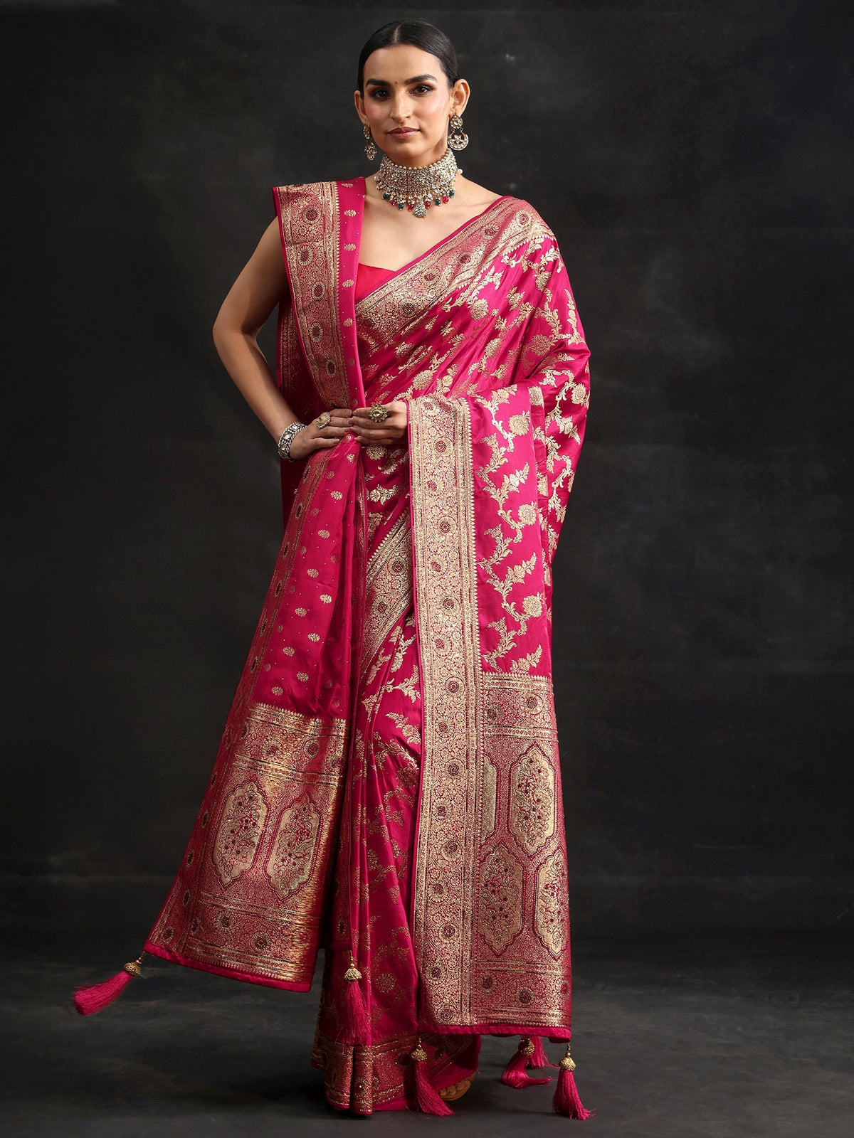 Anouk Art Rani Pink Floral Design Banarasi Silk Blend Saree with Dupatta