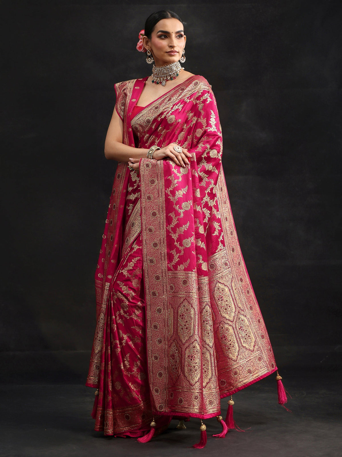 Anouk Art Rani Pink Floral Design Banarasi Silk Blend Saree with Dupatta