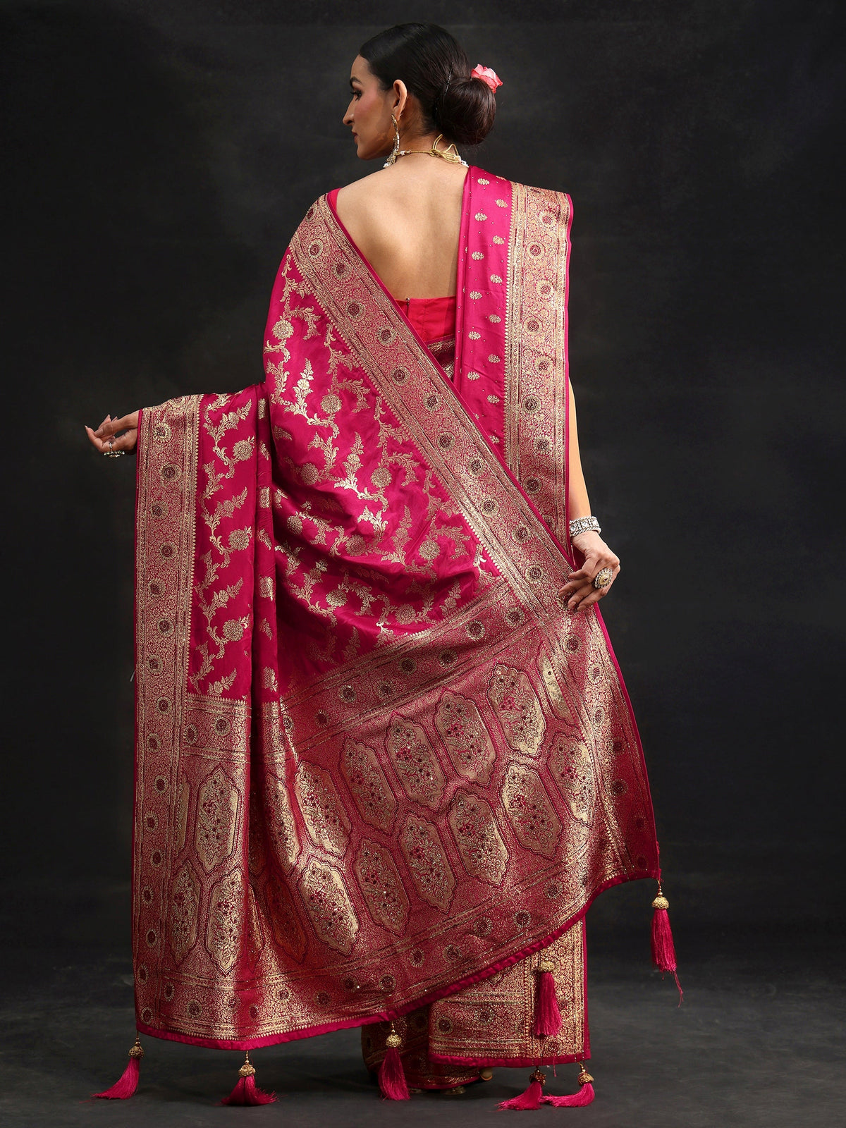 Anouk Art Rani Pink Floral Design Banarasi Silk Blend Saree with Dupatta