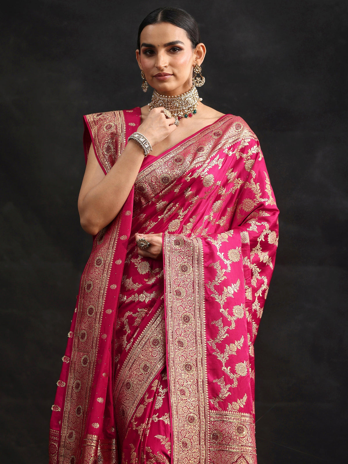 Anouk Art Rani Pink Floral Design Banarasi Silk Blend Saree with Dupatta
