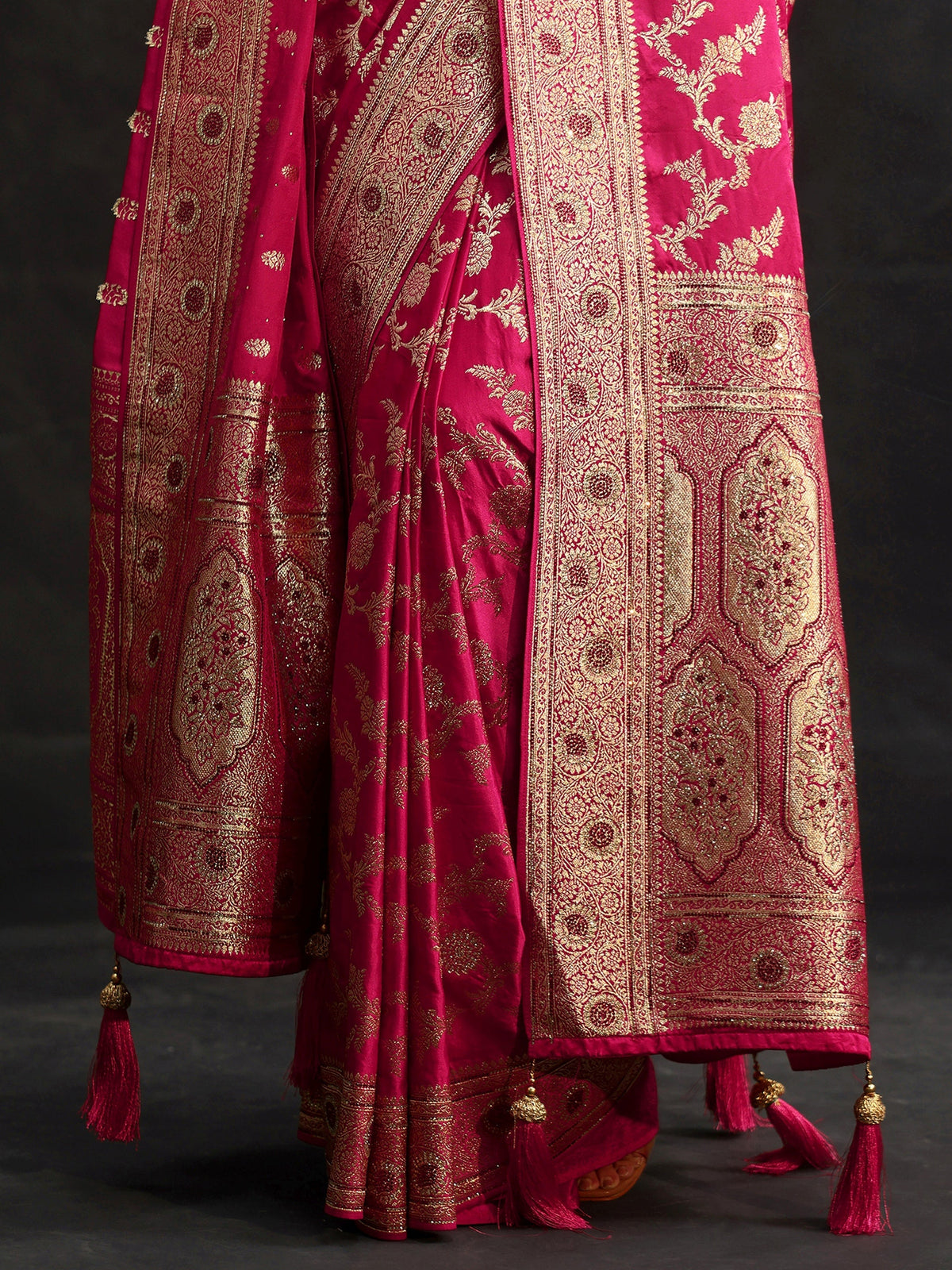 Anouk Art Rani Pink Floral Design Banarasi Silk Blend Saree with Dupatta