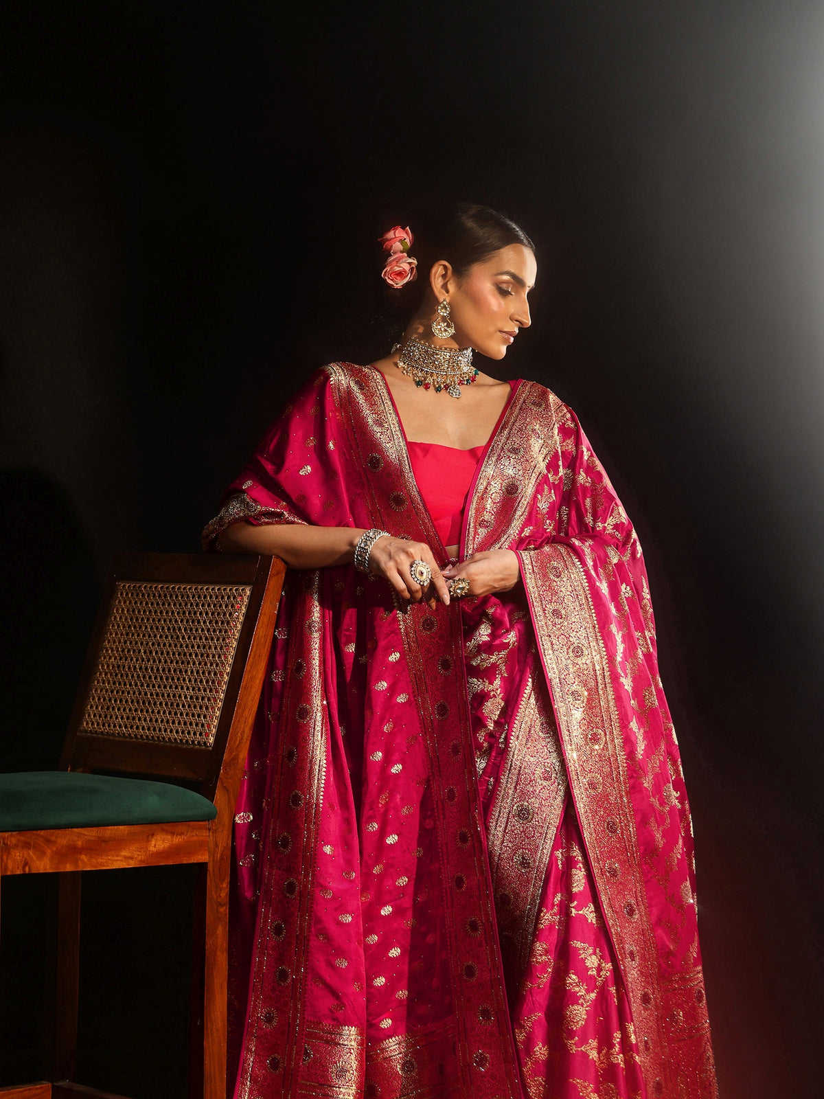 Anouk Art Rani Pink Floral Design Banarasi Silk Blend Saree with Dupatta