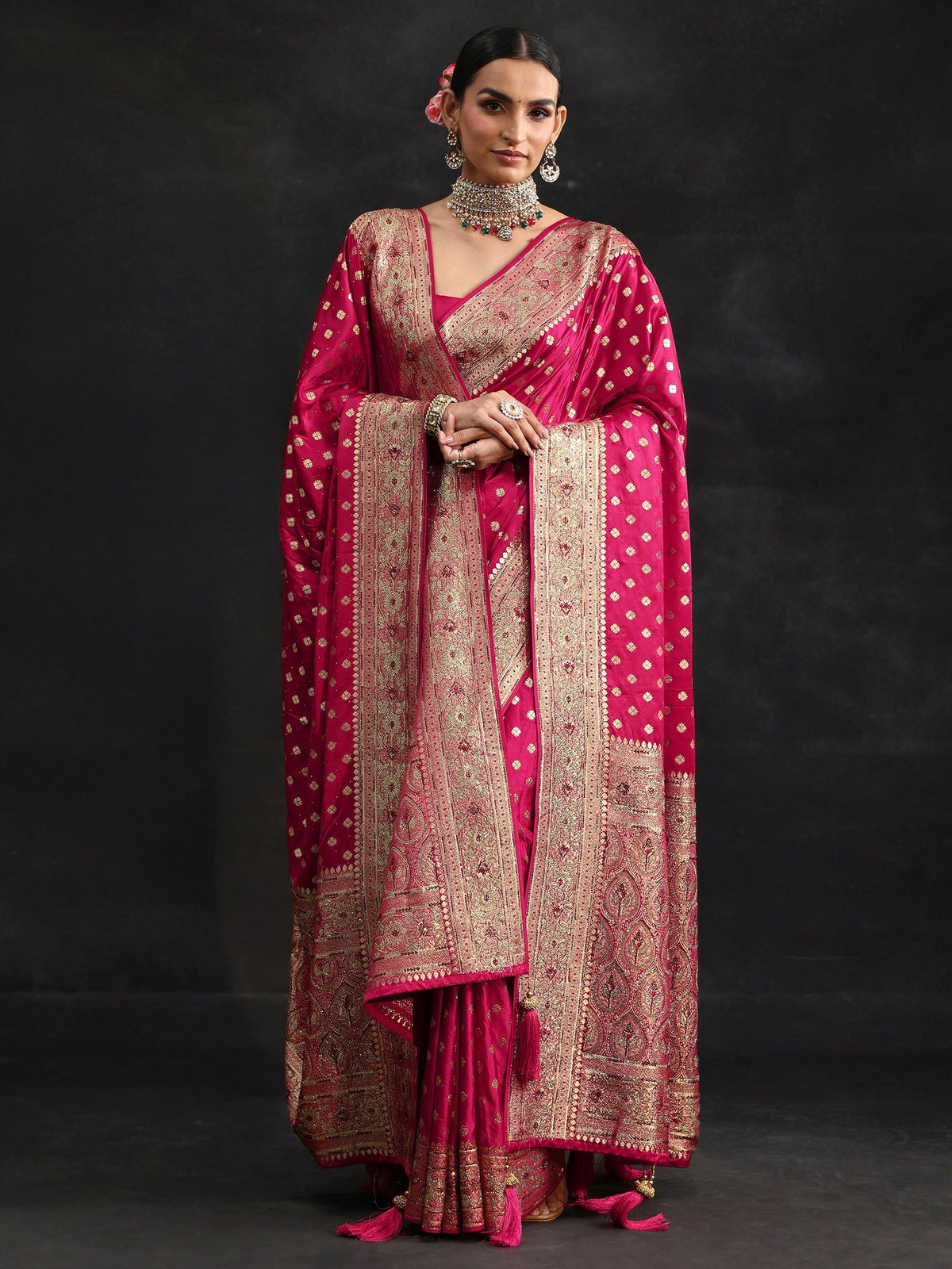 Anouk Art Rose Pink Embellished Banarasi Silk Blend Saree with Dupatta