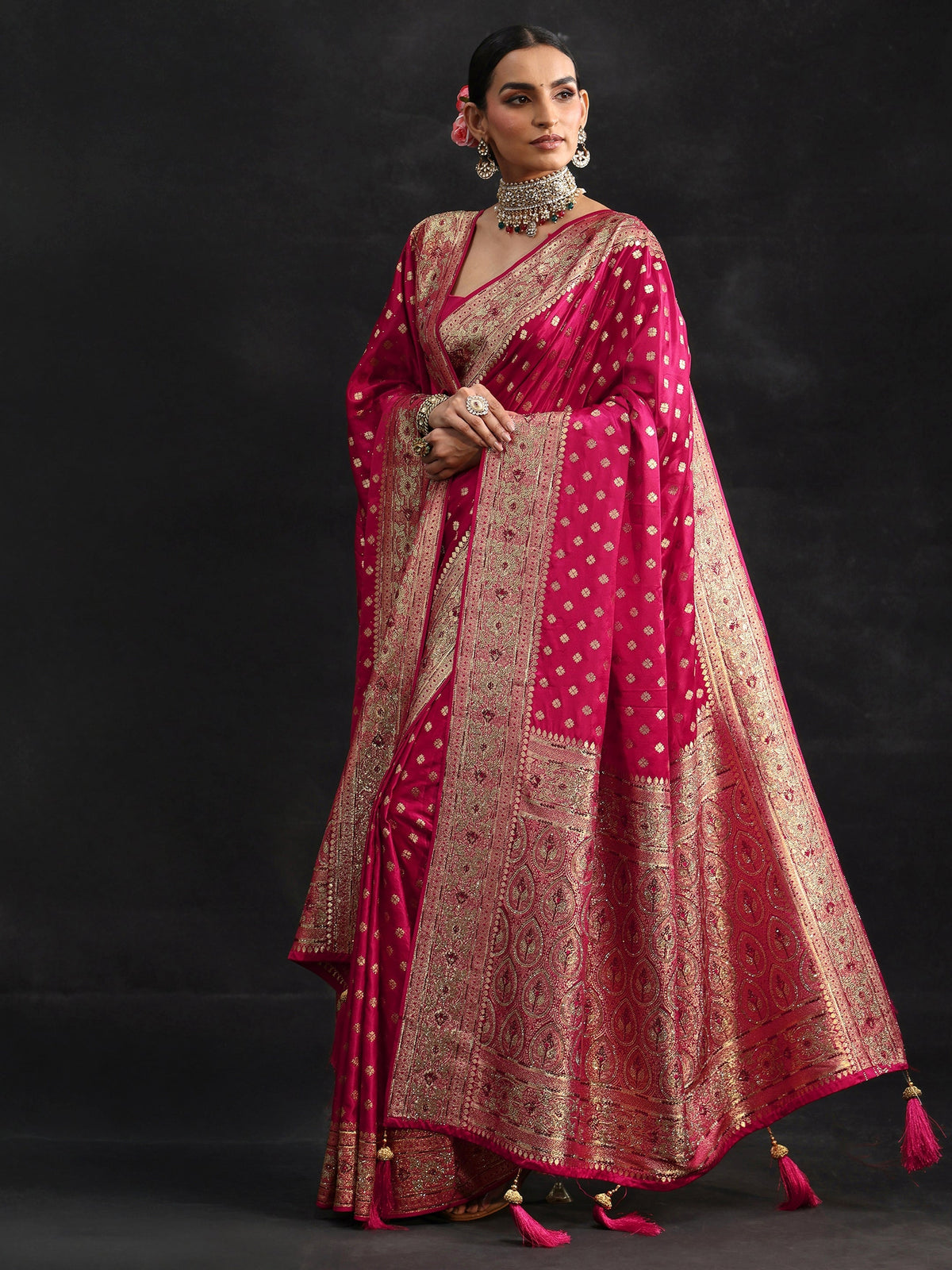 Anouk Art Rose Pink Embellished Banarasi Silk Blend Saree with Dupatta