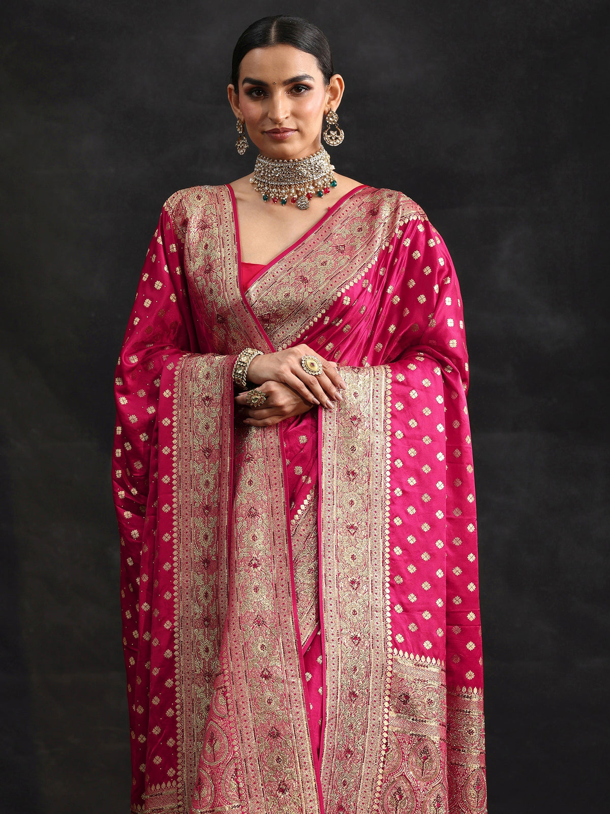Anouk Art Rose Pink Embellished Banarasi Silk Blend Saree with Dupatta