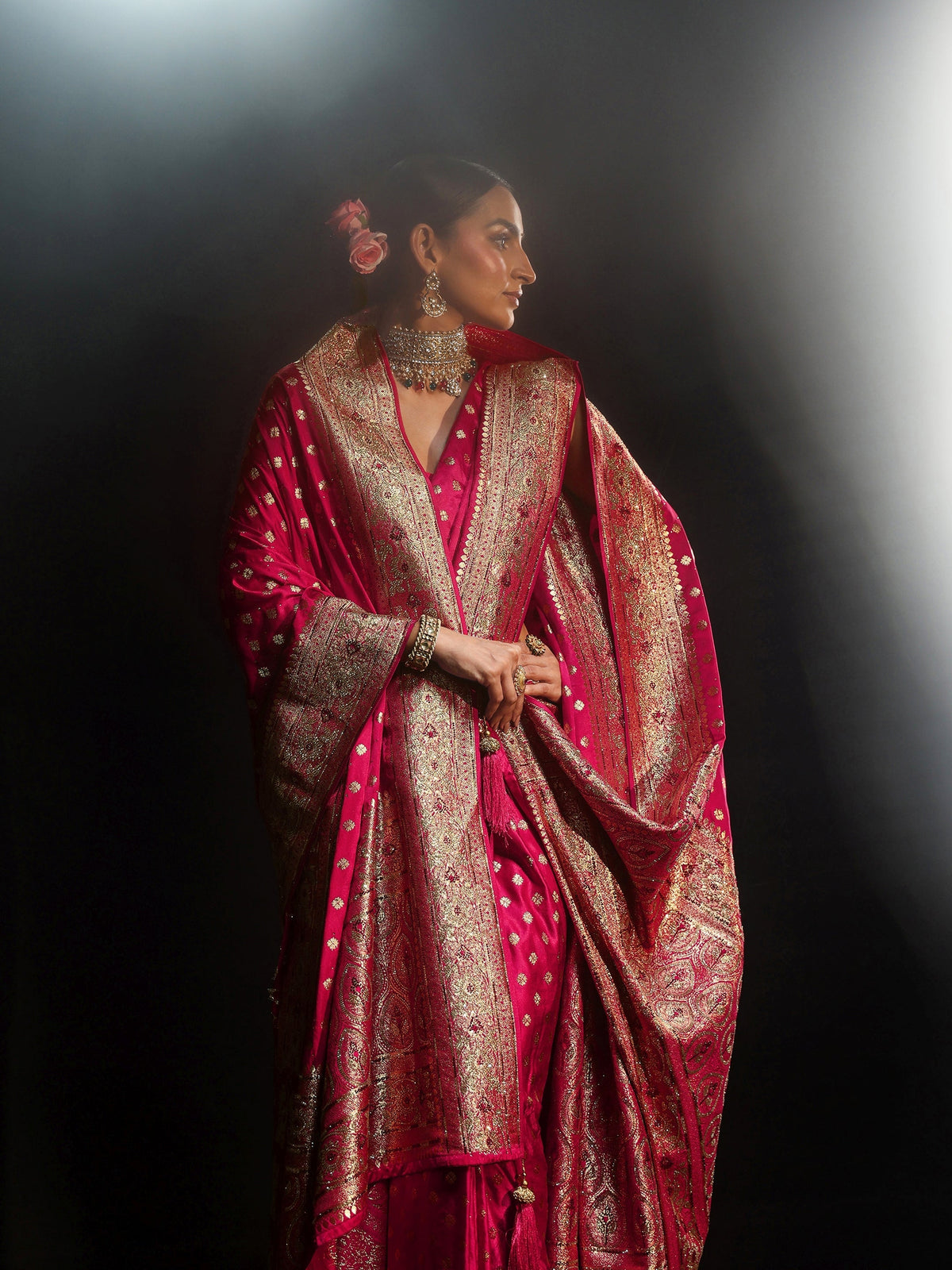 Anouk Art Rose Pink Embellished Banarasi Silk Blend Saree with Dupatta