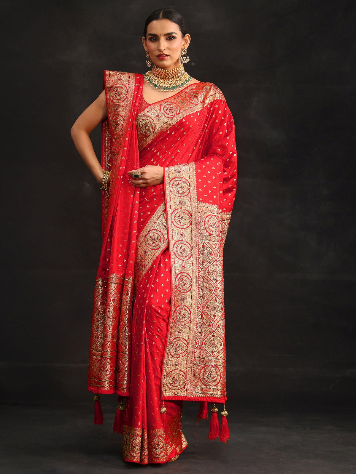 Anouk Art Vermilion Red Embellished Banarasi Silk Blend Saree with Dupatta