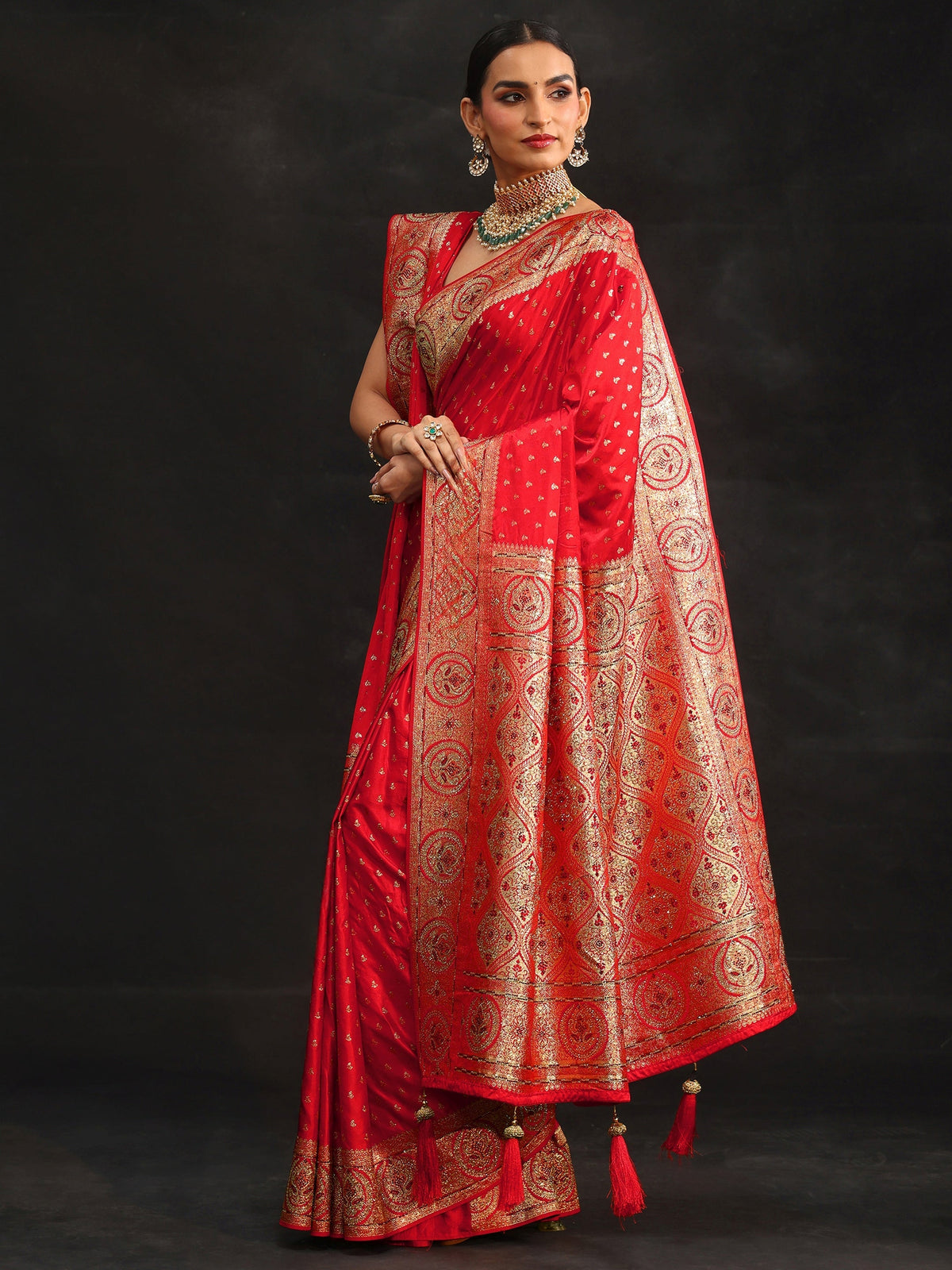 Anouk Art Vermilion Red Embellished Banarasi Silk Blend Saree with Dupatta