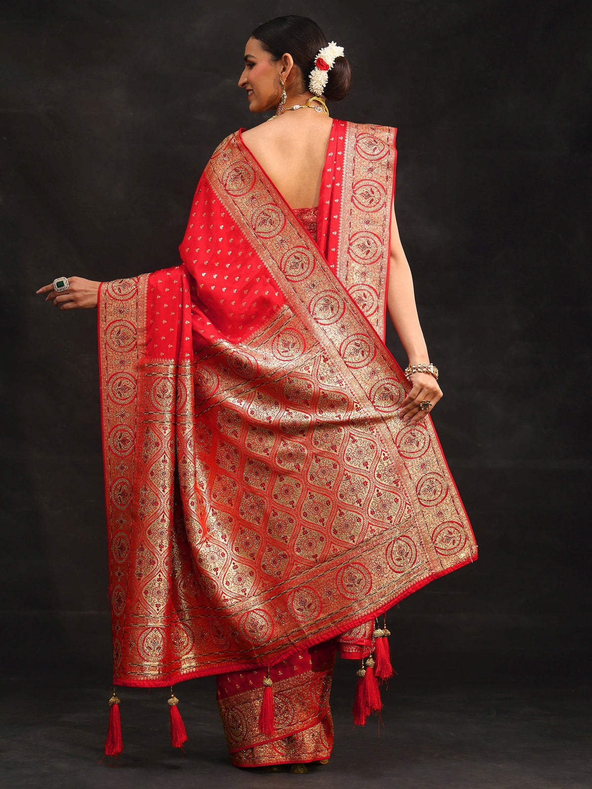 Anouk Art Vermilion Red Embellished Banarasi Silk Blend Saree with Dupatta
