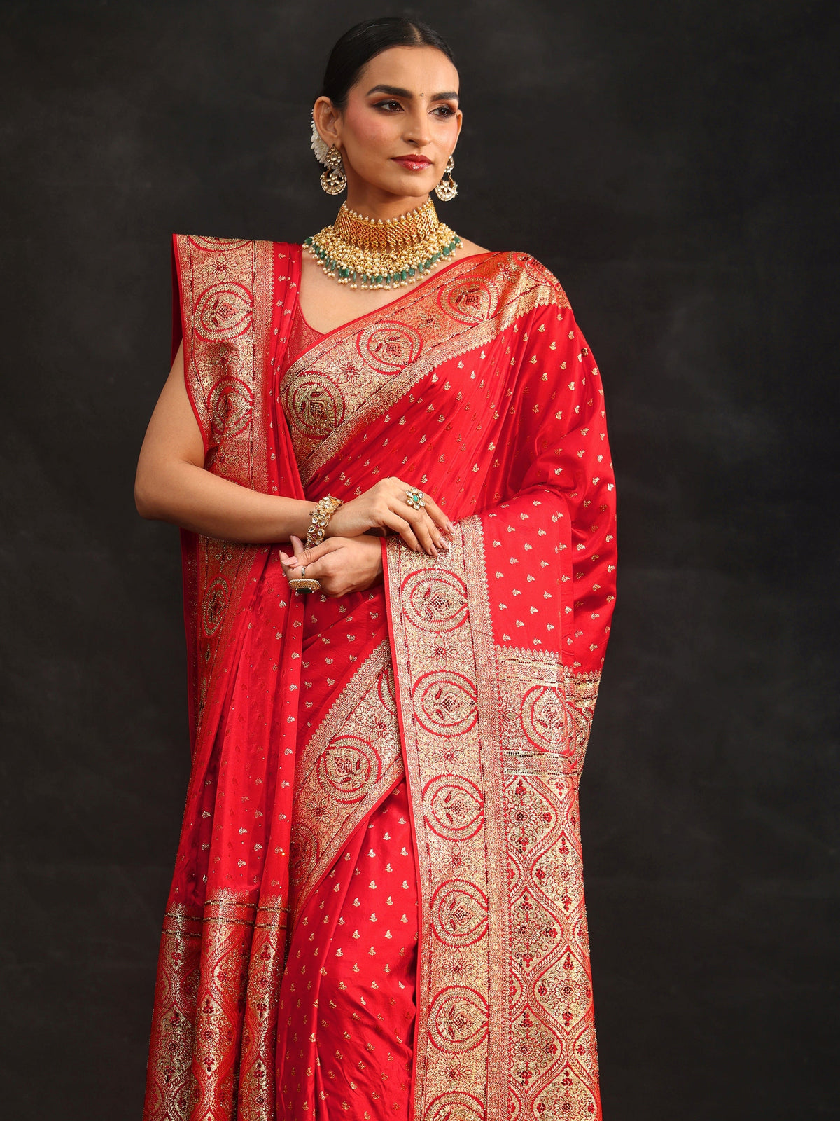 Anouk Art Vermilion Red Embellished Banarasi Silk Blend Saree with Dupatta