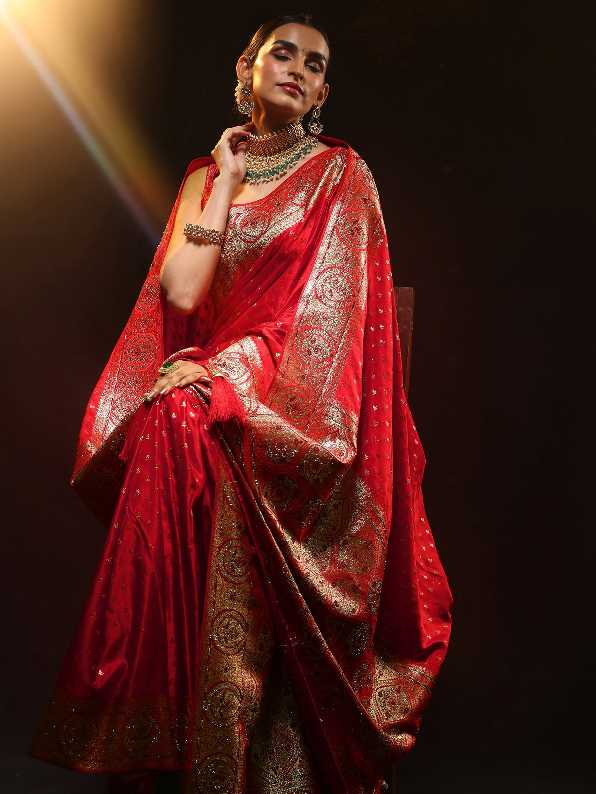 Anouk Art Vermilion Red Embellished Banarasi Silk Blend Saree with Dupatta