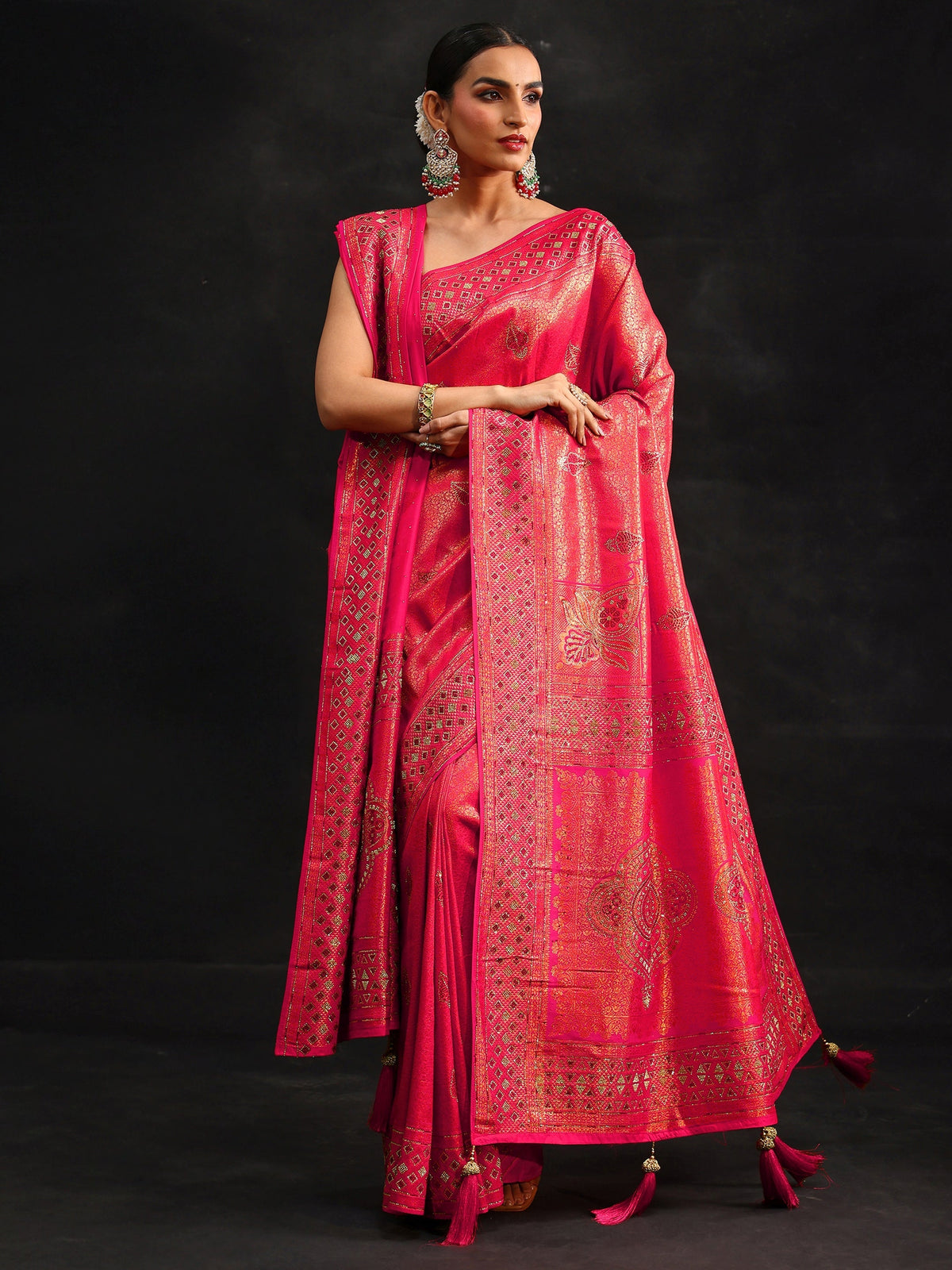 Anouk Art Rani Pink Embellished Banarasi Silk Blend Saree with Dupatta