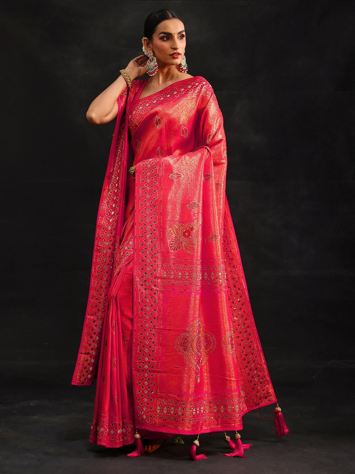 Anouk Art Rani Pink Embellished Banarasi Silk Blend Saree with Dupatta