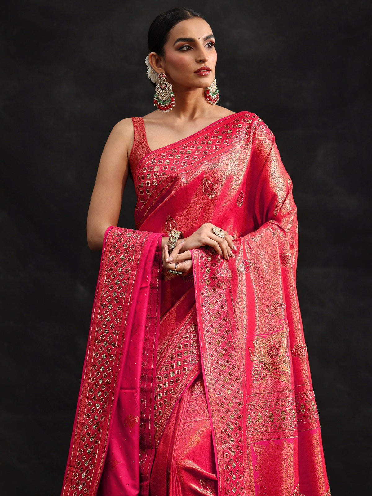 Anouk Art Rani Pink Embellished Banarasi Silk Blend Saree with Dupatta