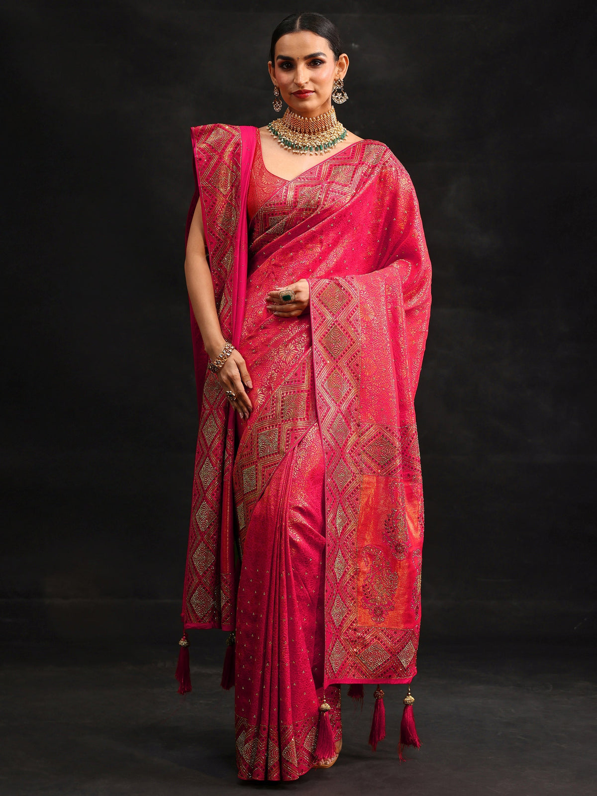 Anouk Art Hot Pink Embellished Banarasi Silk Blend Saree with Dupatta