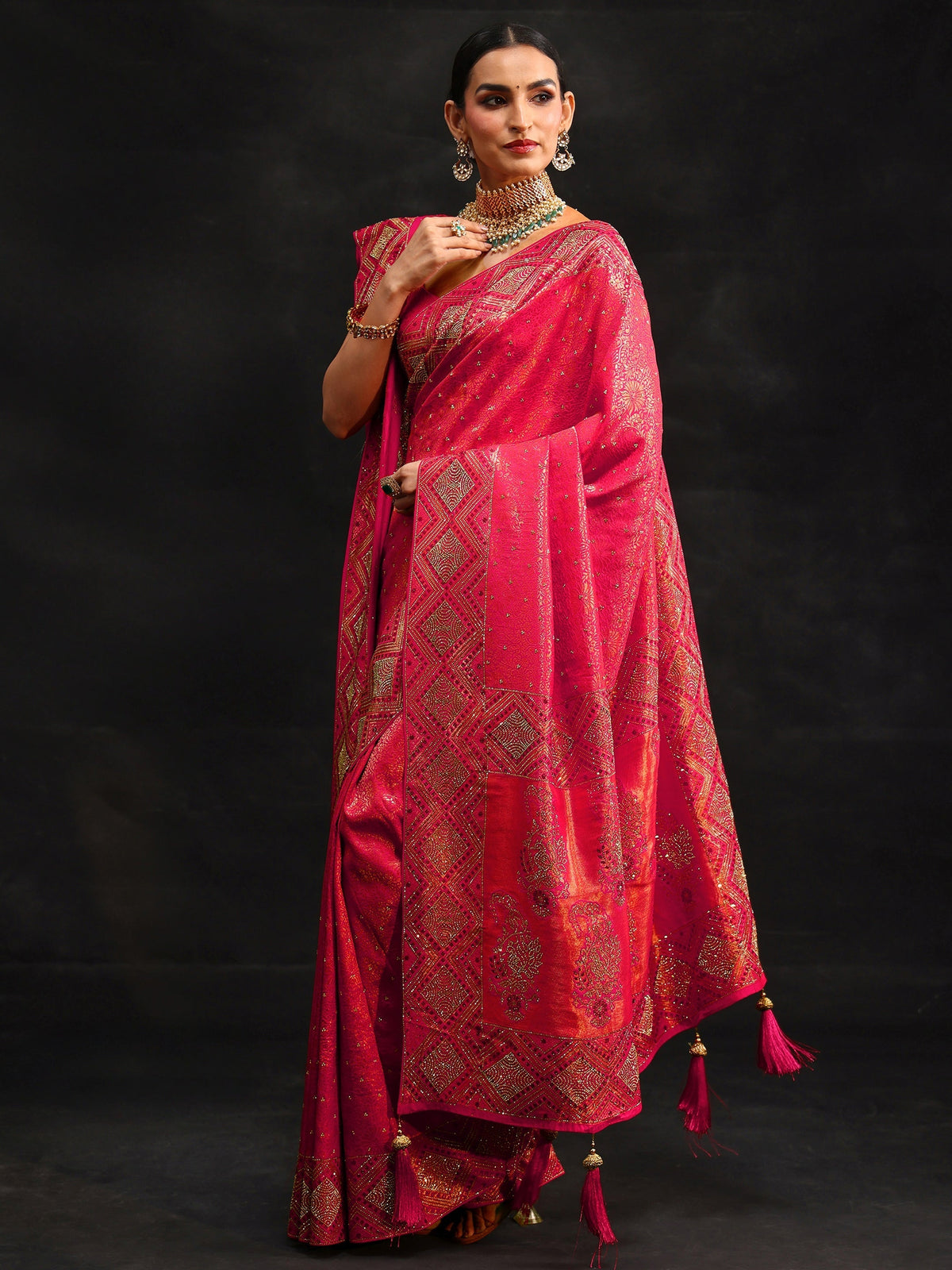 Anouk Art Hot Pink Embellished Banarasi Silk Blend Saree with Dupatta