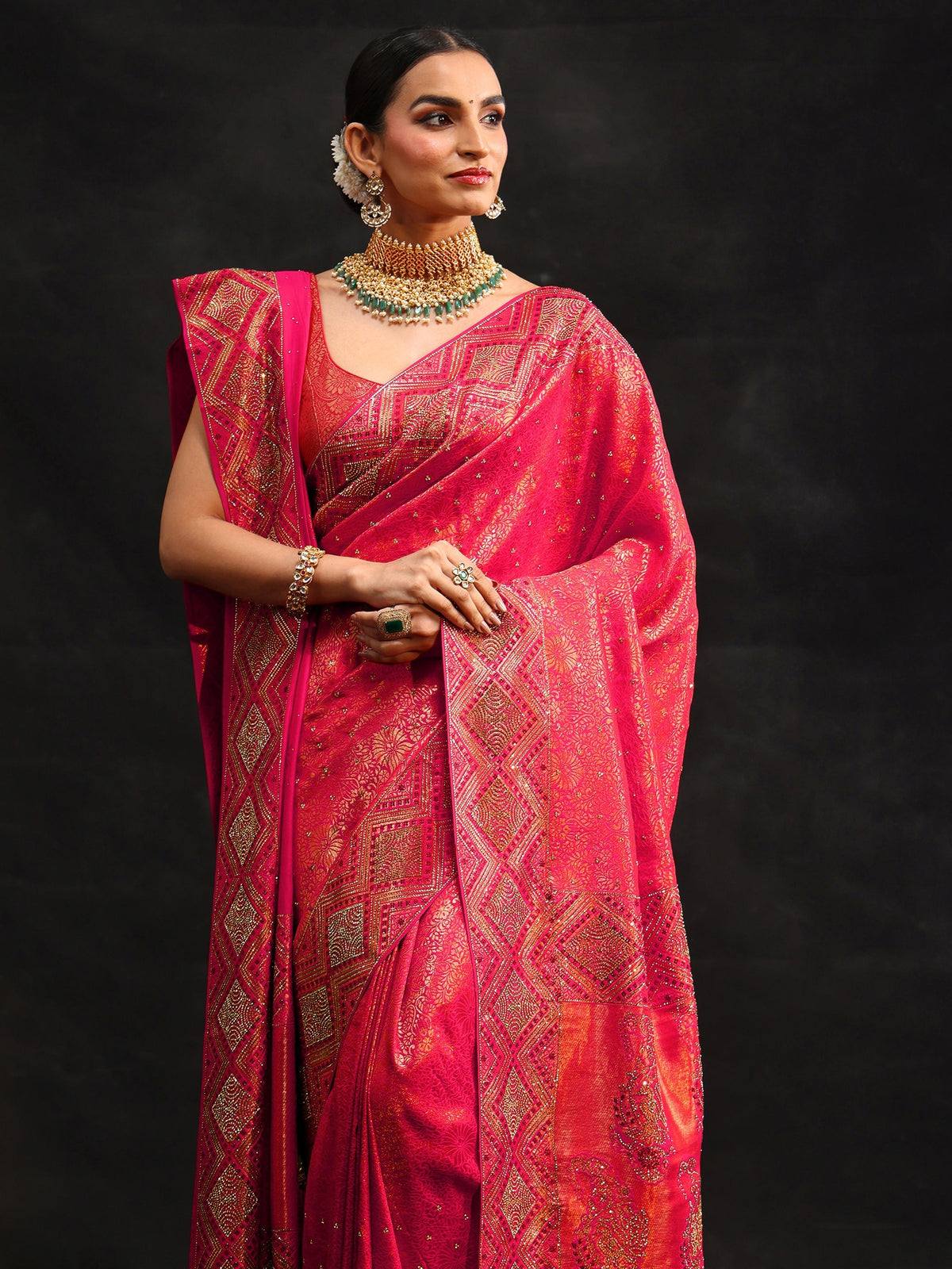 Anouk Art Hot Pink Embellished Banarasi Silk Blend Saree with Dupatta