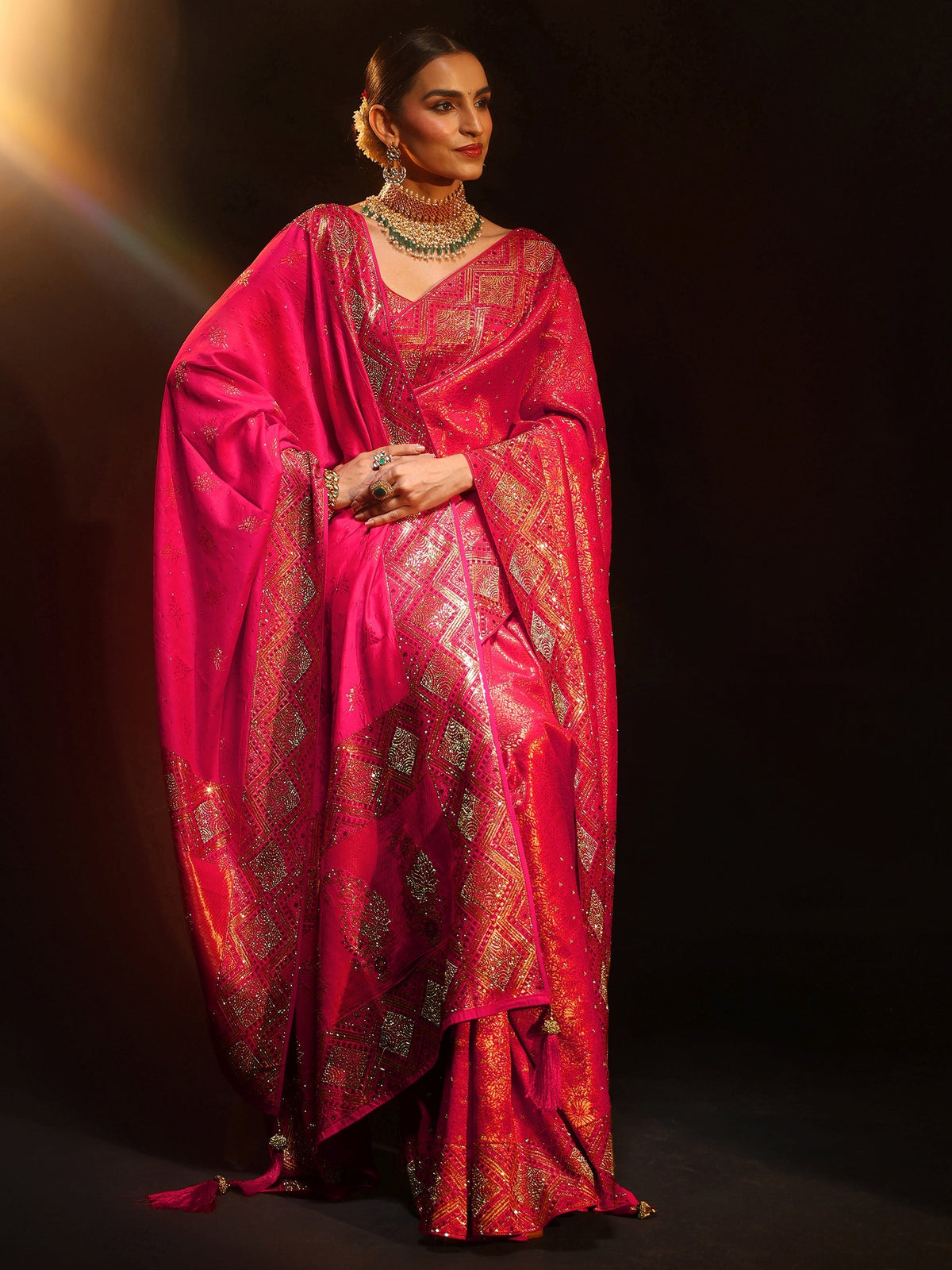 Anouk Art Hot Pink Embellished Banarasi Silk Blend Saree with Dupatta