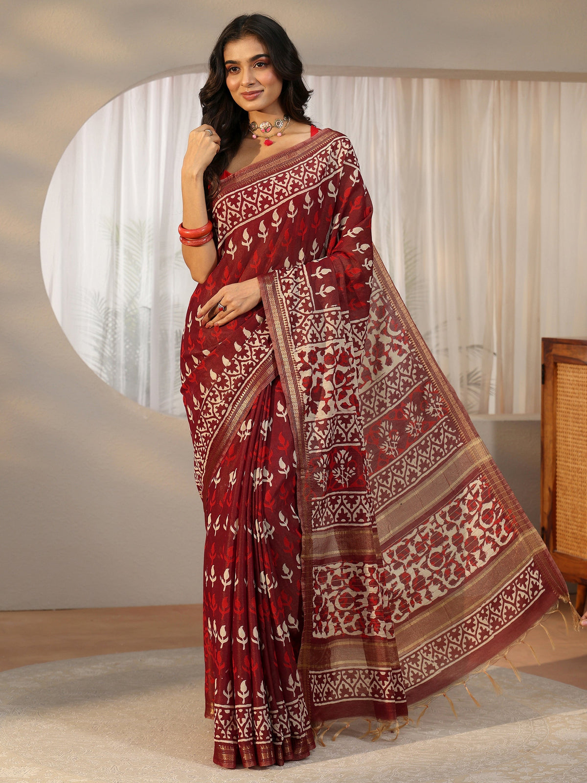 Anouk Maroon Block Print Cotton Saree