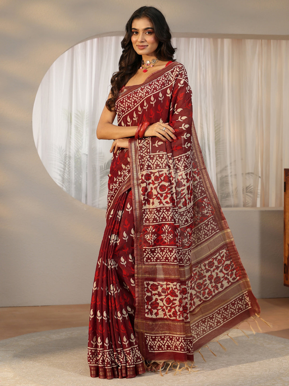 Anouk Maroon Block Print Cotton Saree