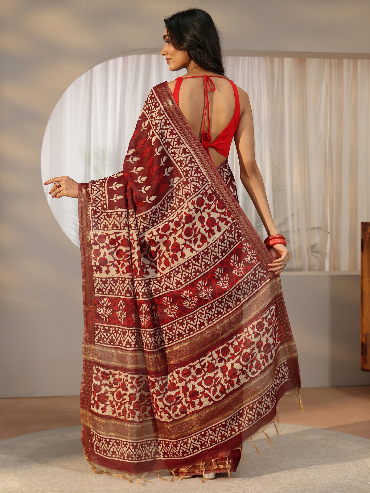 Anouk Maroon Block Print Cotton Saree