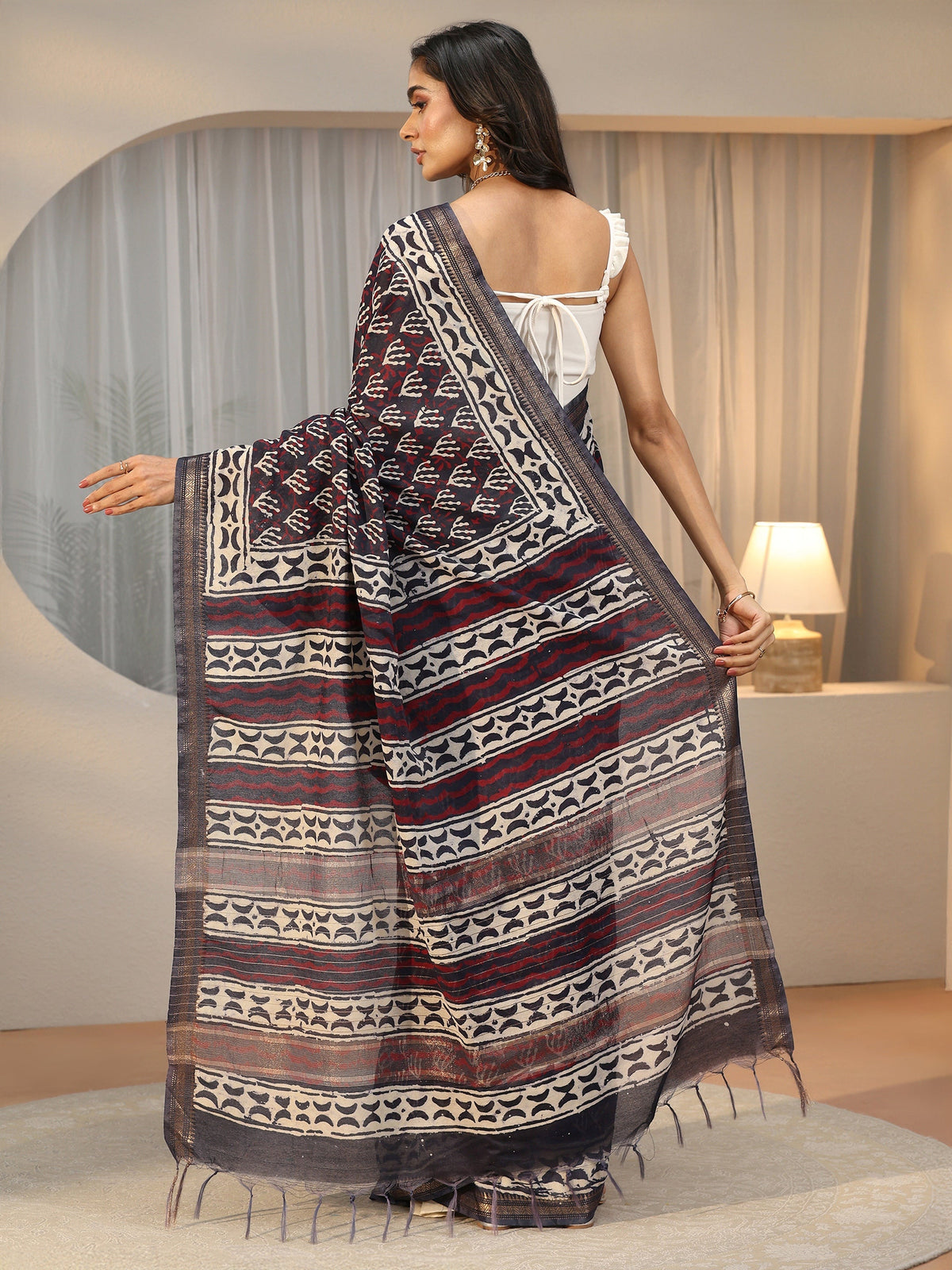 Anouk Black Dabu Print Cotton Saree