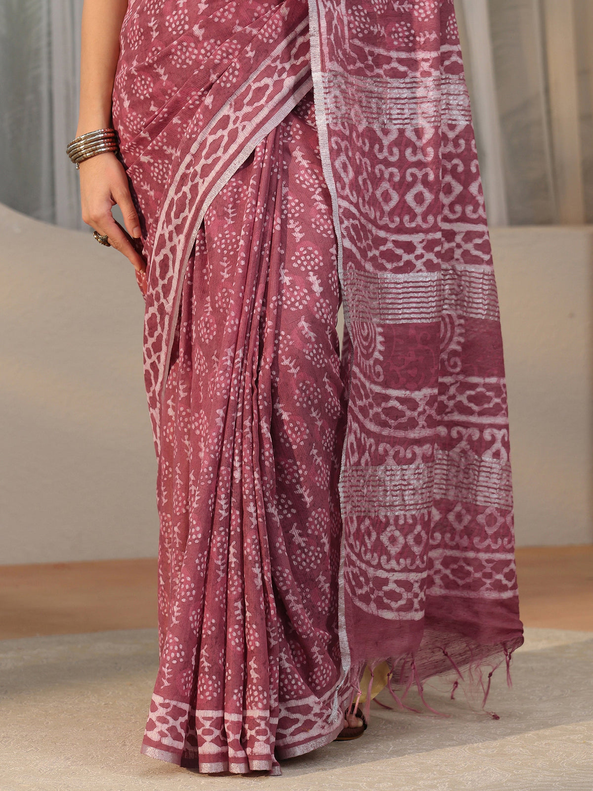 Anouk Dusty Rose Pink Dabu Print Cotton Saree