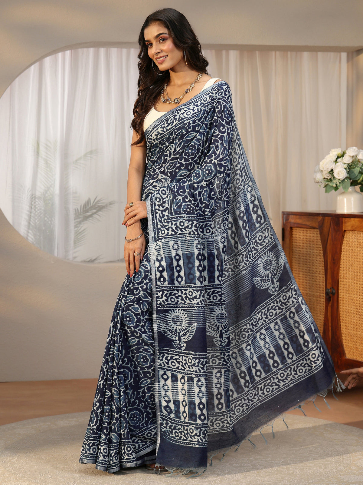 Anouk Indigo Blue Floral Dabu Print Cotton Saree