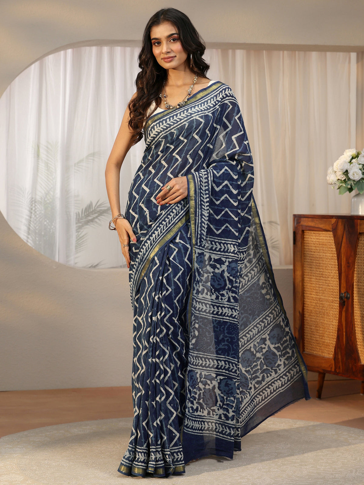 Anouk Indigo Blue Chevron Dabu Print Cotton Saree