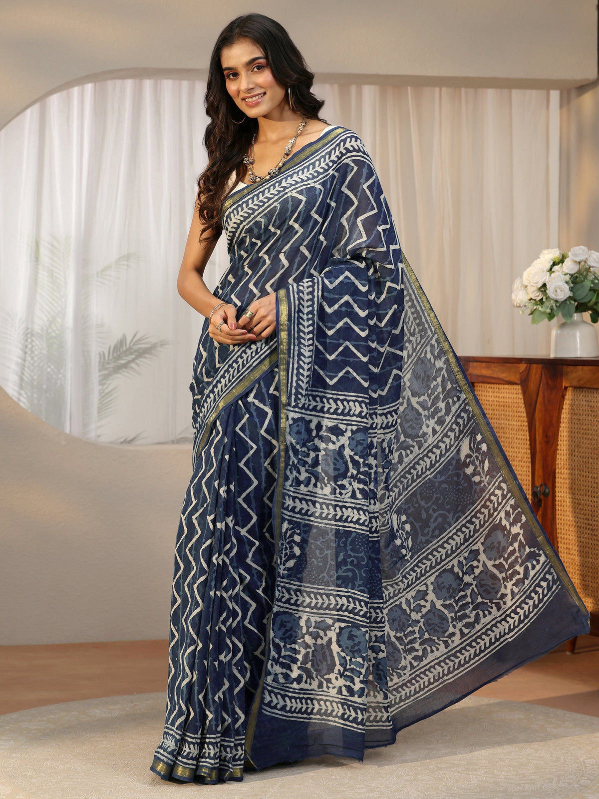 Anouk Indigo Blue Chevron Dabu Print Cotton Saree