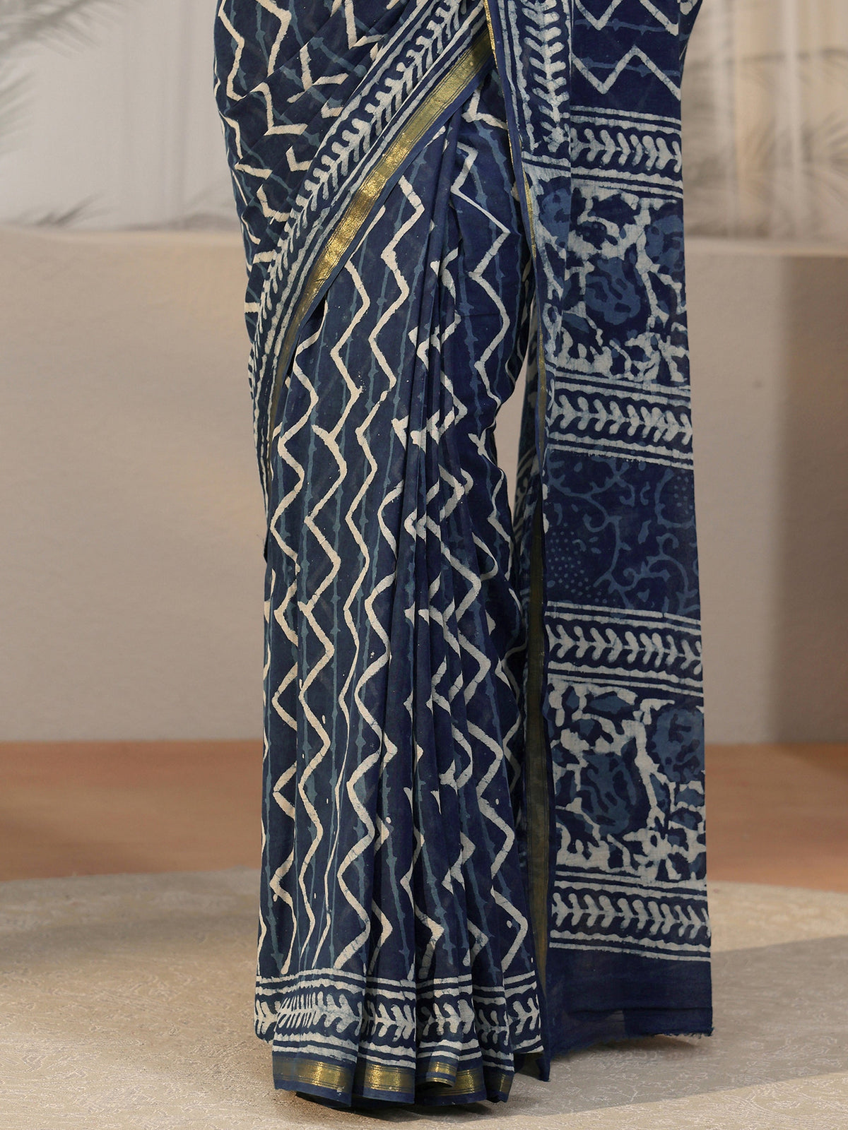 Anouk Indigo Blue Chevron Dabu Print Cotton Saree