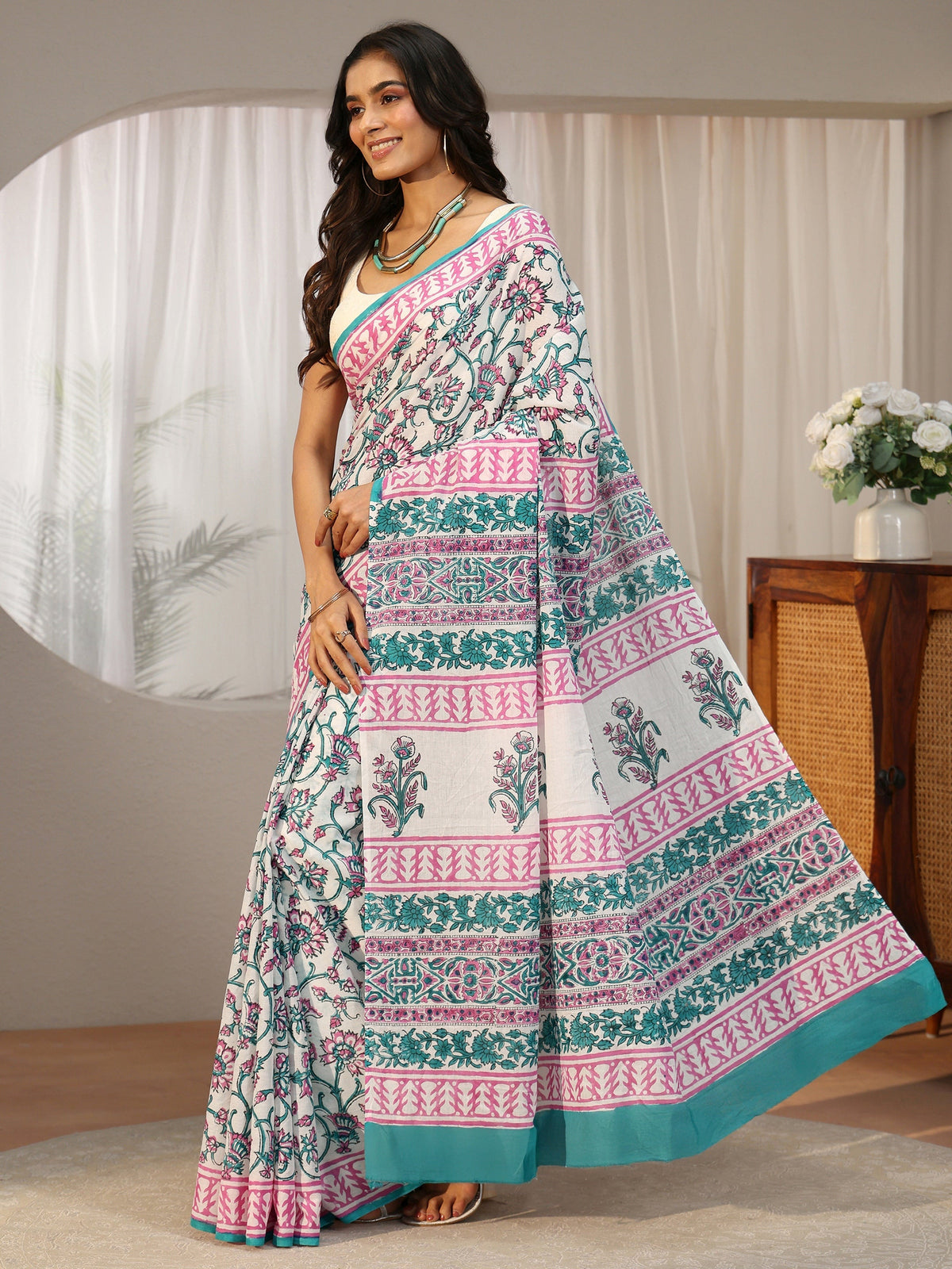 Anouk White Floral Block Print Cotton Saree