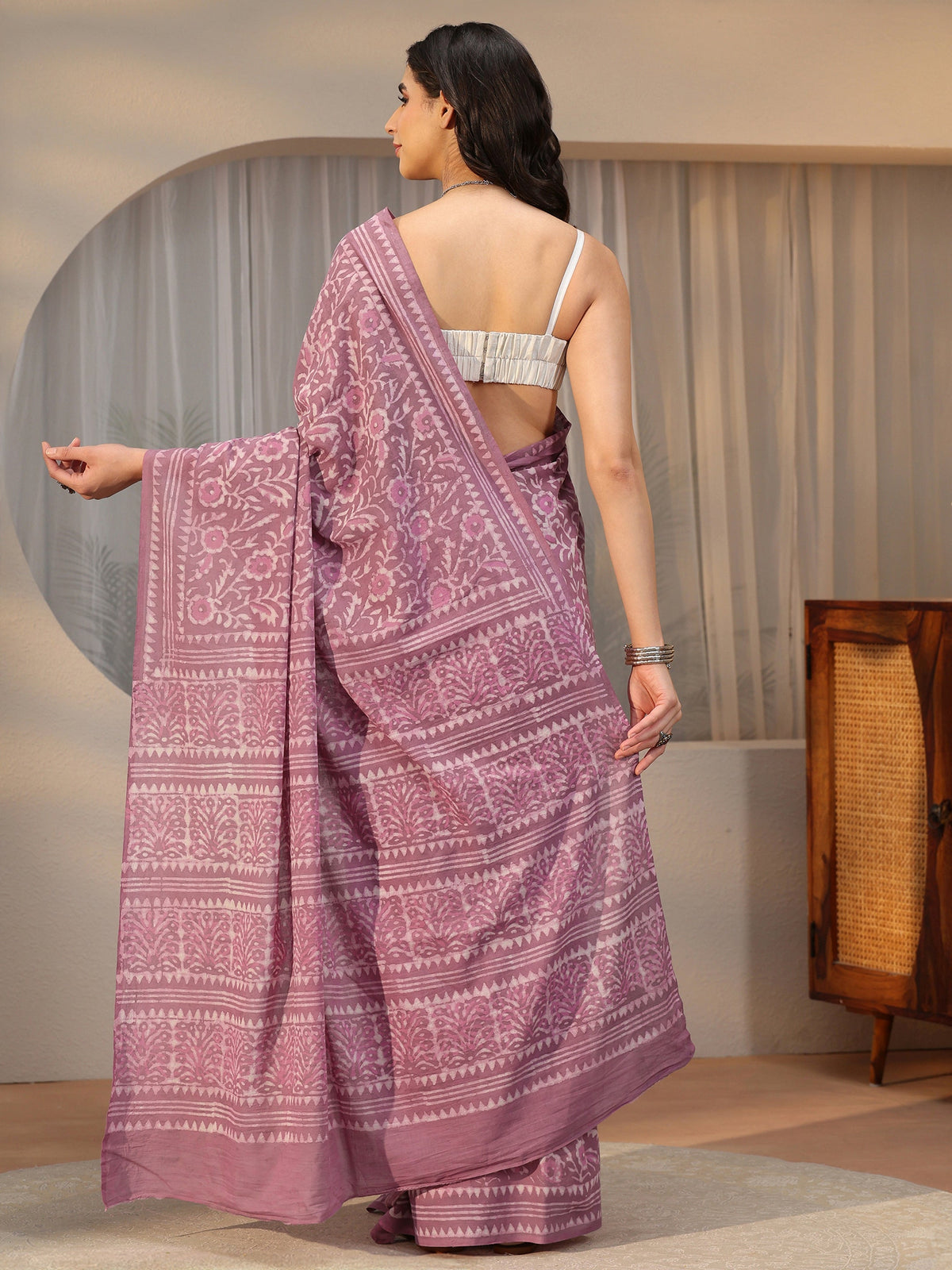 Anouk Lavender Floral Dabu Print Cotton Saree