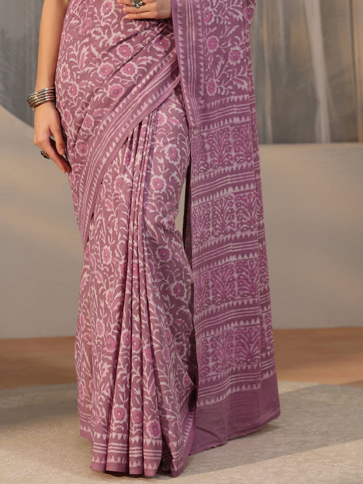 Anouk Lavender Floral Dabu Print Cotton Saree