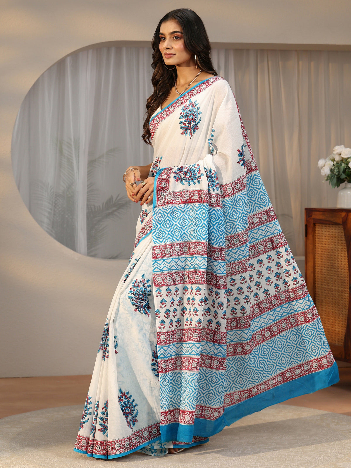 Anouk White Floral Block Print Cotton Saree