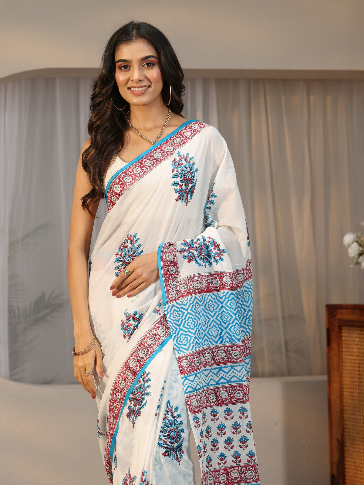 Anouk White Floral Block Print Cotton Saree