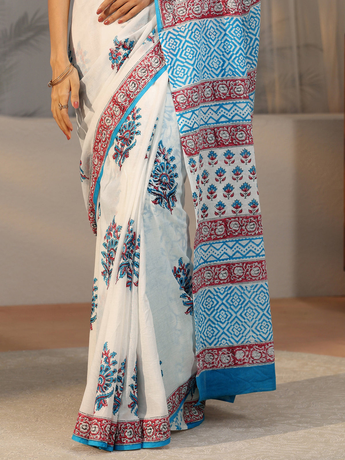 Anouk White Floral Block Print Cotton Saree