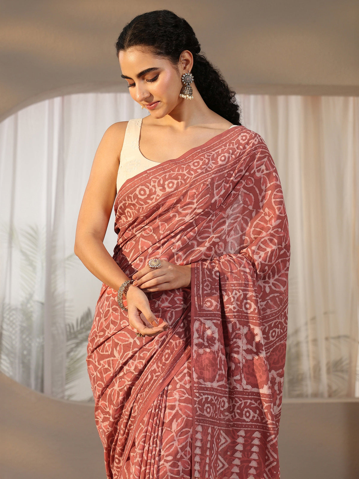 Anouk Dusty Pink Batik Printed Cotton Saree
