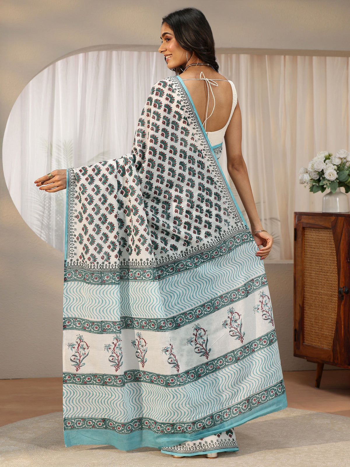 Anouk White Floral Block Print Cotton Saree
