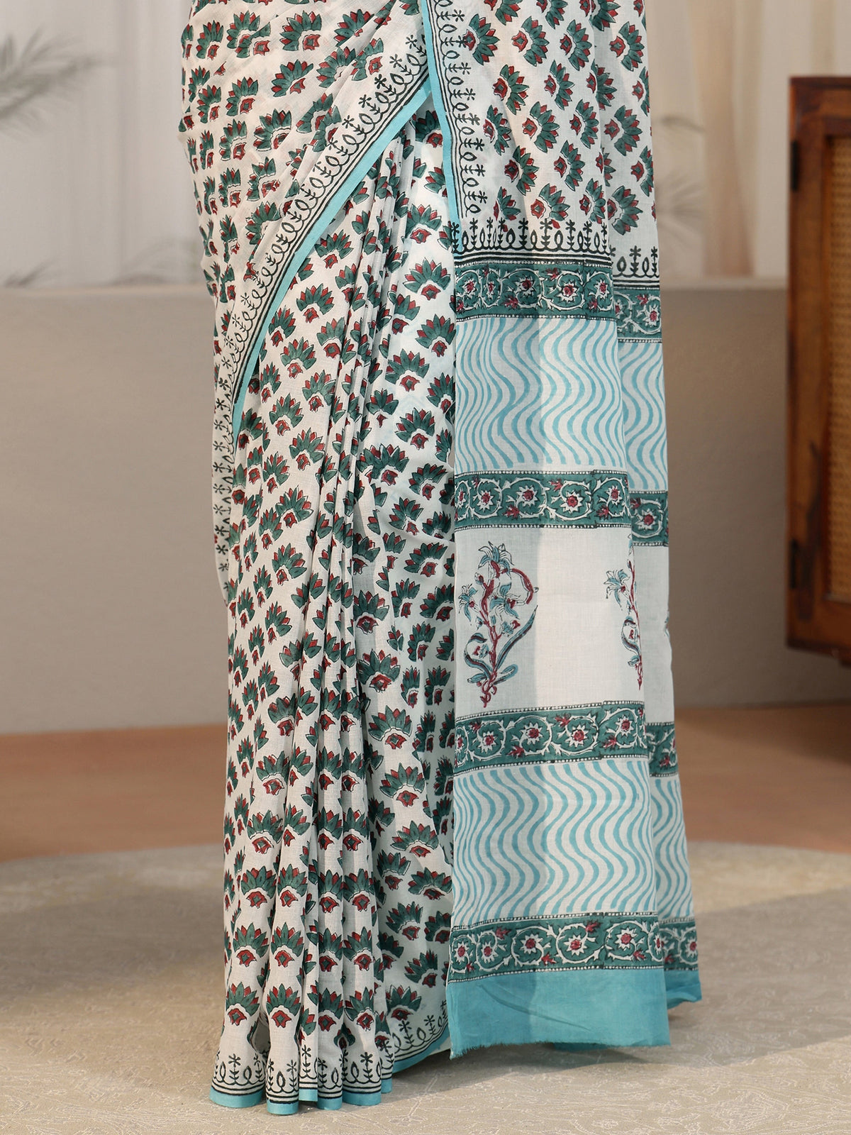 Anouk White Floral Block Print Cotton Saree