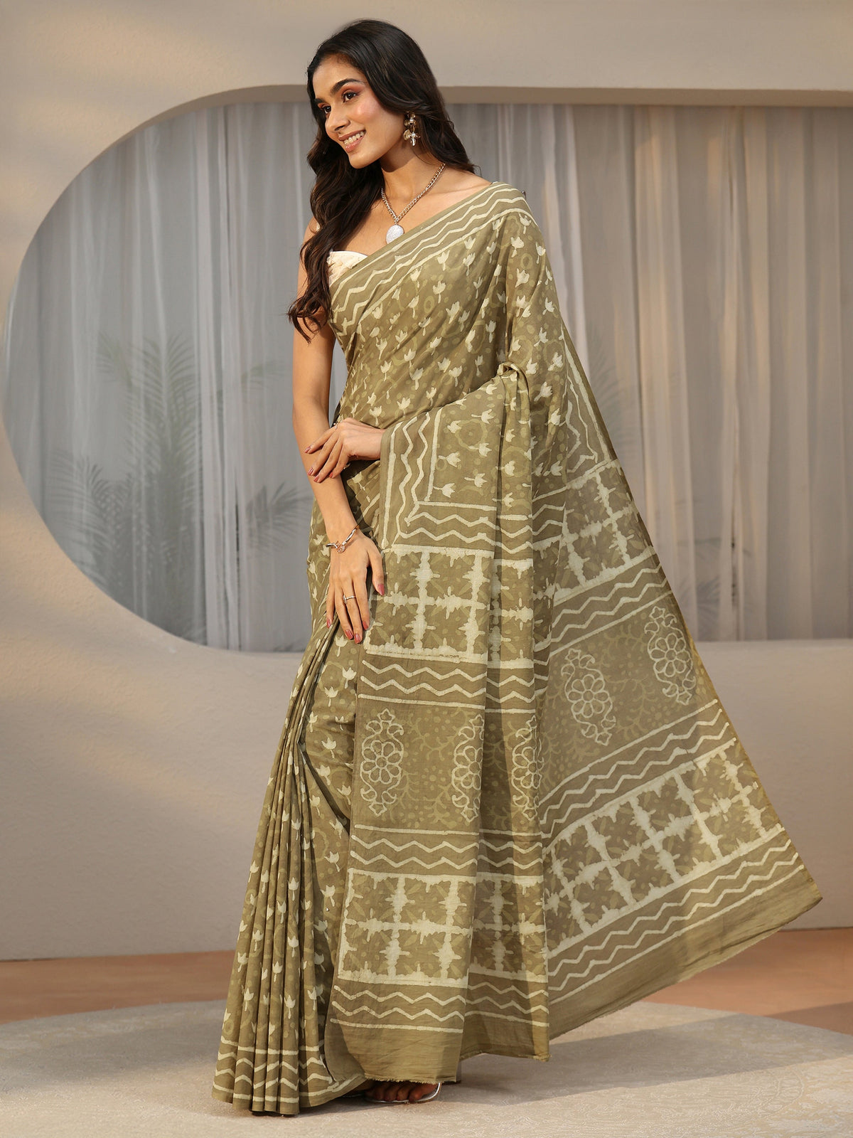 Anouk Light Olive Green Dabu Print Cotton Saree