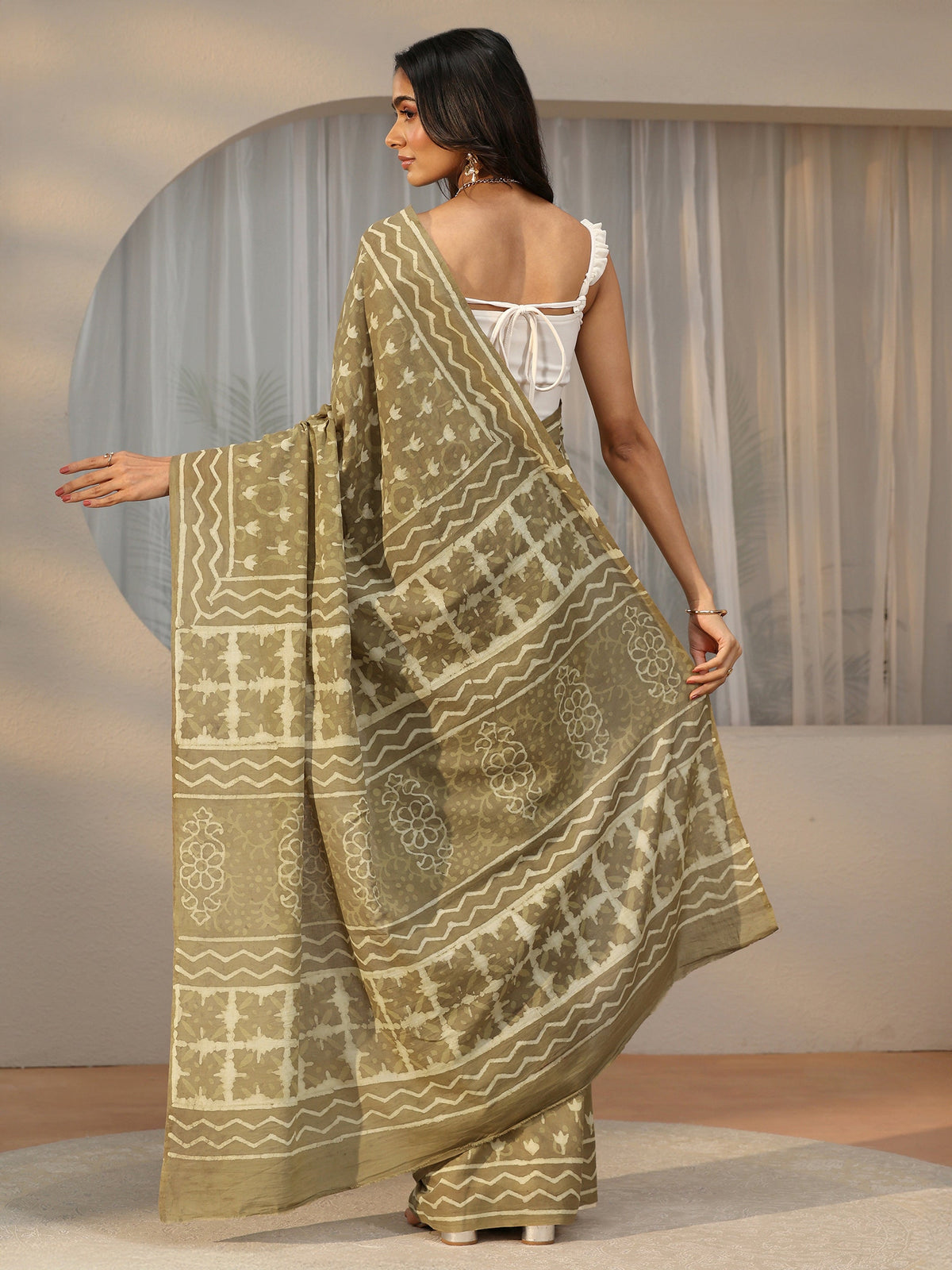 Anouk Light Olive Green Dabu Print Cotton Saree