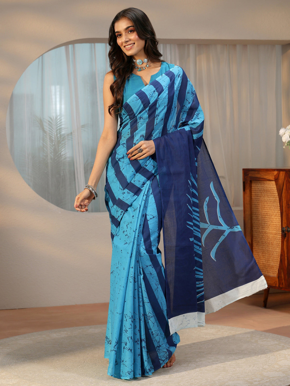 Anouk Cerulean Blue Batik Print Cotton Saree