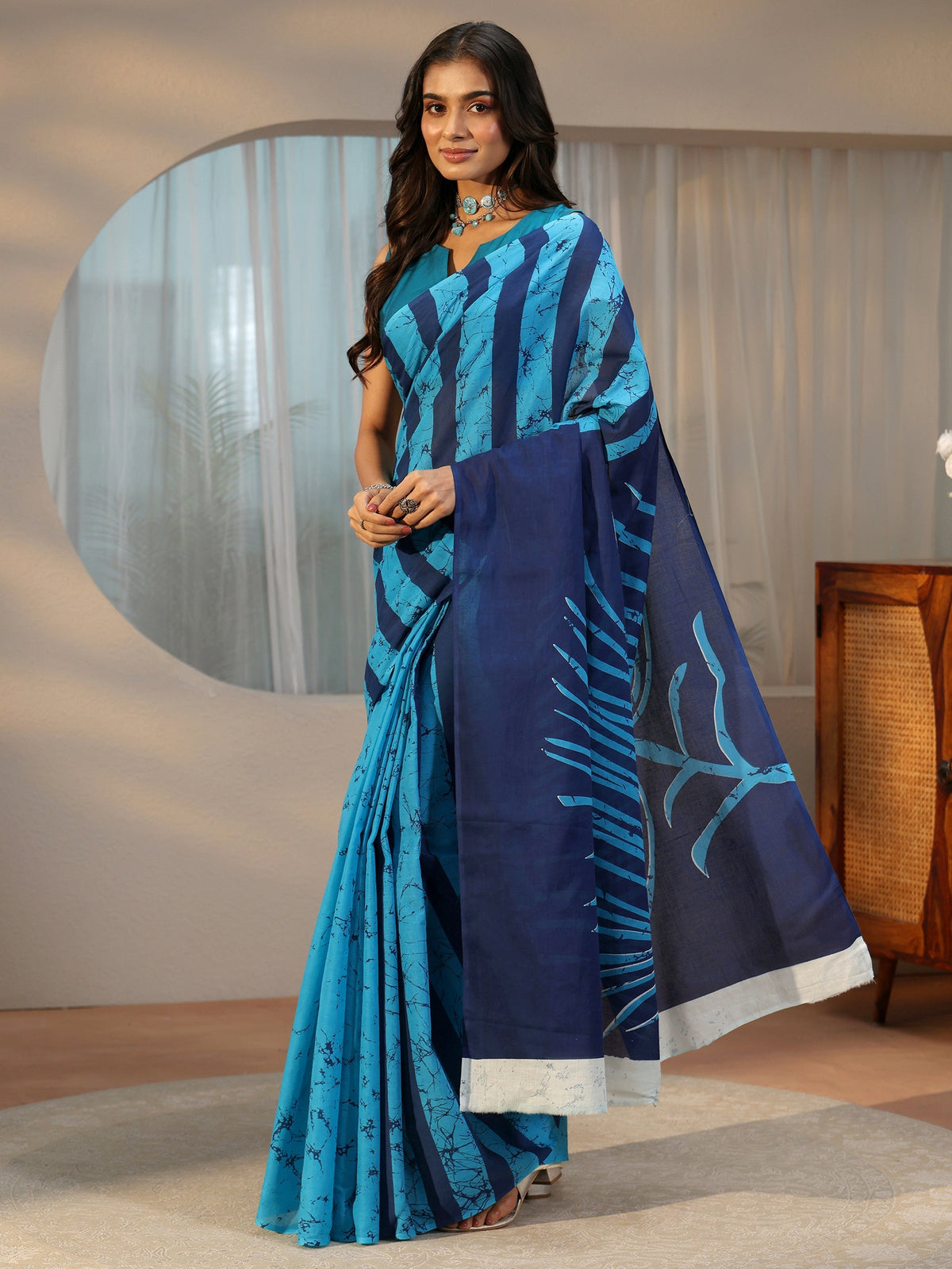 Anouk Cerulean Blue Batik Print Cotton Saree