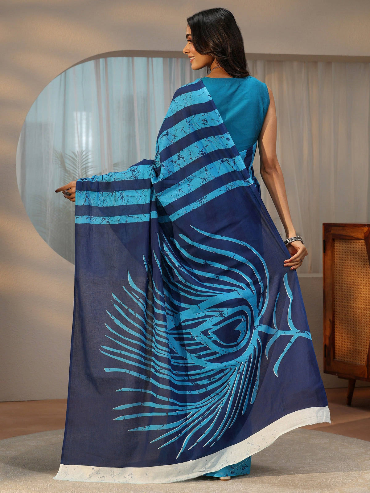 Anouk Cerulean Blue Batik Print Cotton Saree