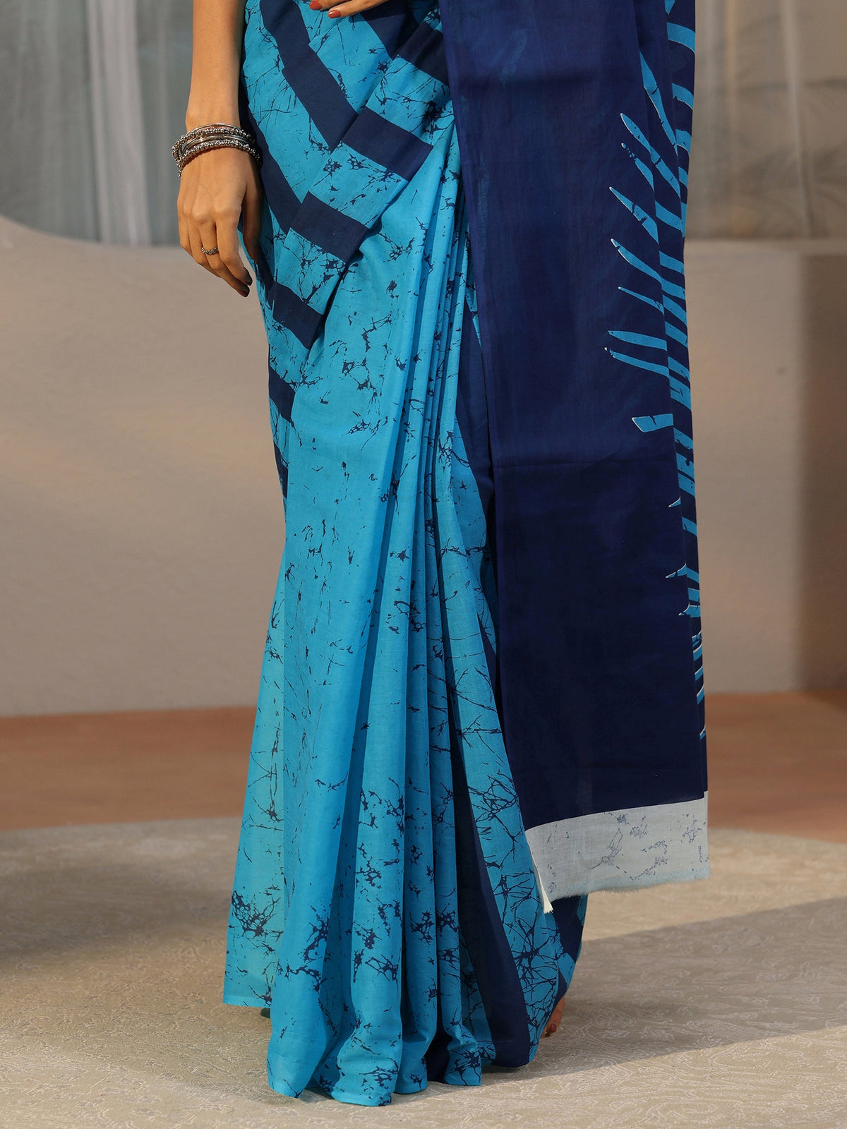 Anouk Cerulean Blue Batik Print Cotton Saree