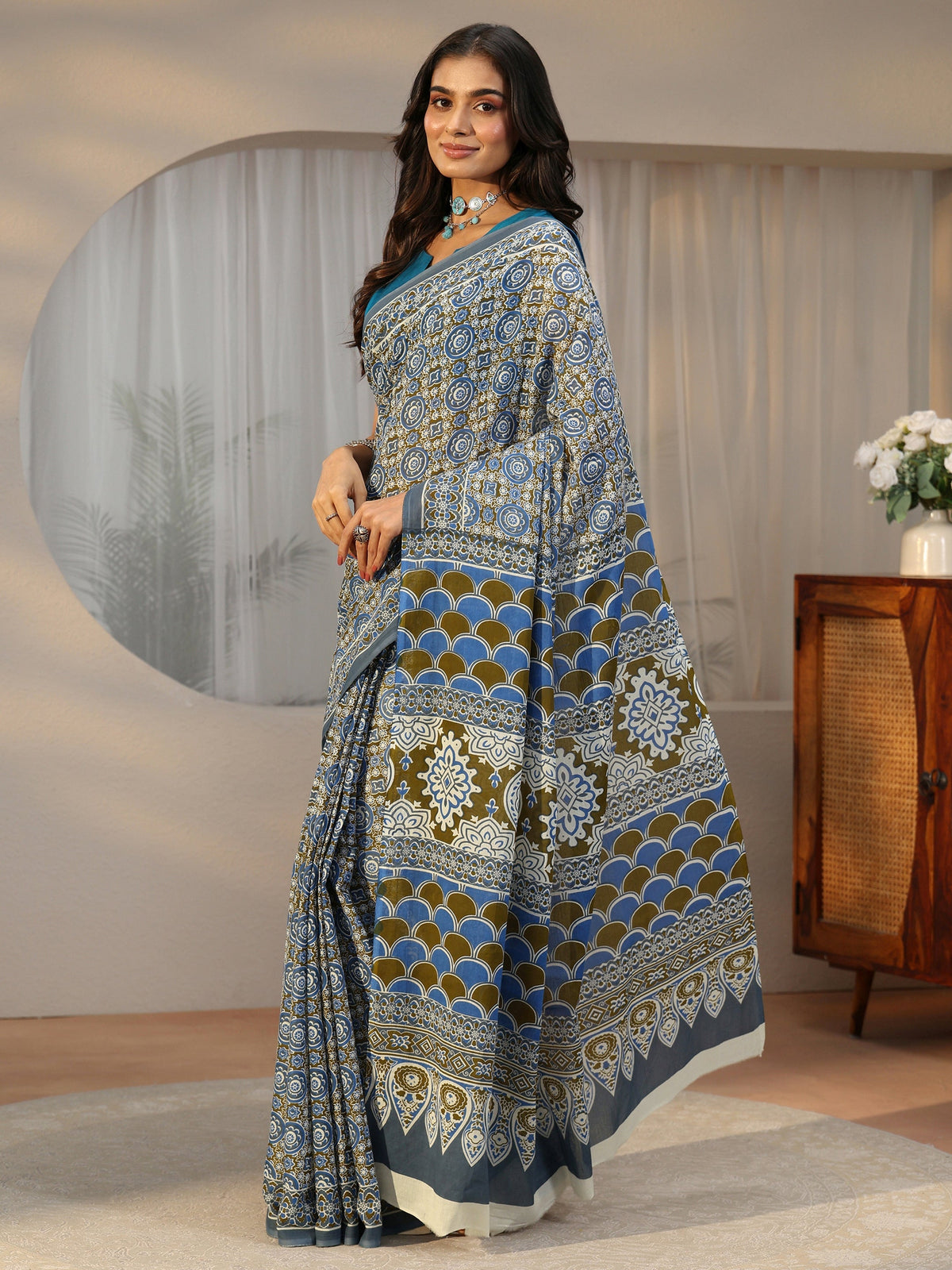 Anouk Dusty Blue Floral Printed Cotton Saree
