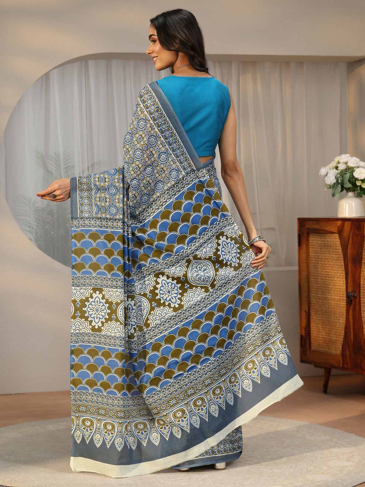 Anouk Dusty Blue Floral Printed Cotton Saree