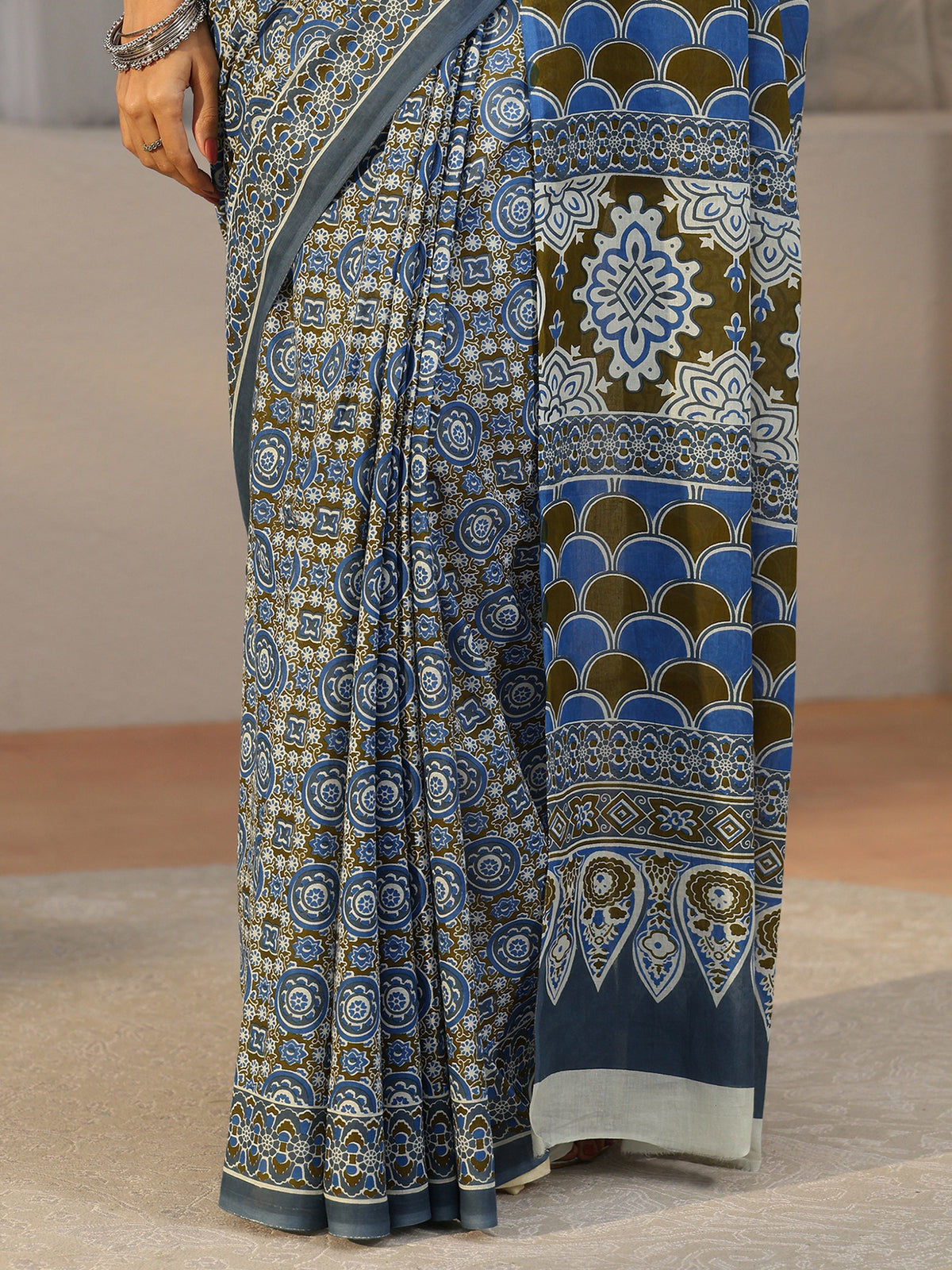 Anouk Dusty Blue Floral Printed Cotton Saree