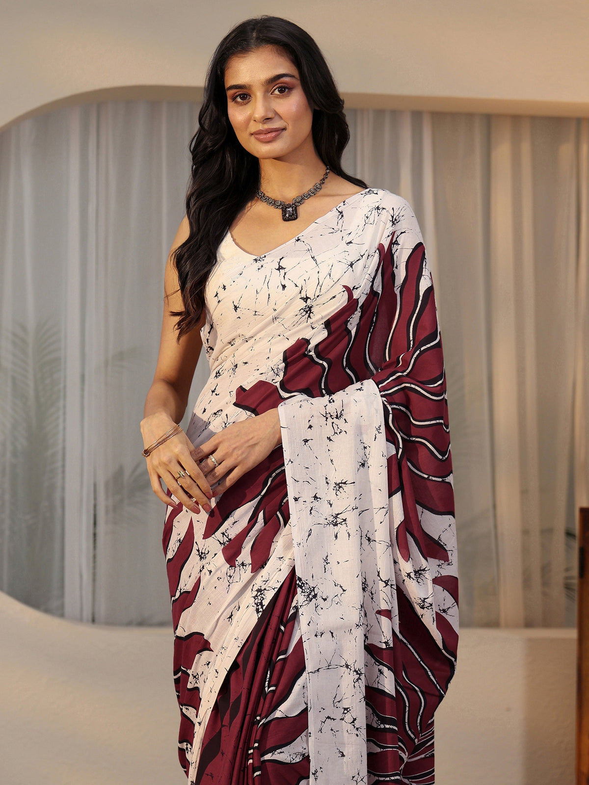 Anouk Wine Red Screen Printed Cotton Saree